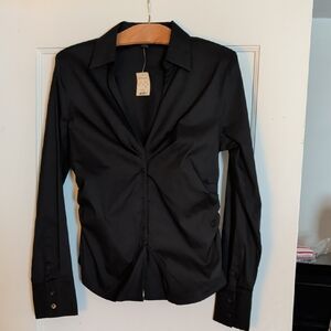NWT Express Black Ruched Twist-Front Button Shirt Style, Zips On Side